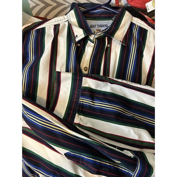 Vtg Gulf Traders Shirt Mens Large Striped Long Sleeve Button Up 90s Retro - Picture 1 of 7